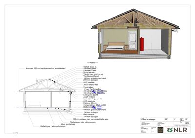 Snittegning som viser bygningens tverrsnitt med detaljerte konstruksjonsbeskrivelser for tak, vegger og gulv.