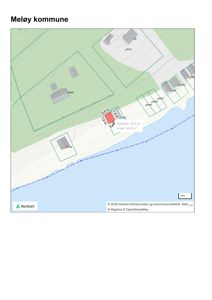 Kartutsnitt fra Norkart som viser eiendomsgrenser, tomt og bygninger i Meløy kommune.