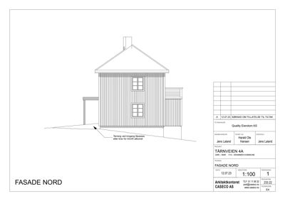 Fasadetegning av en bygning sett fra nord, med detaljer om vinduer, tak og terreng.
