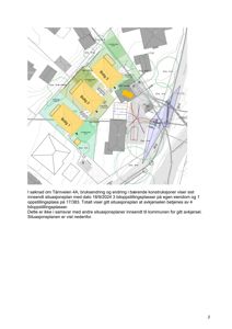 Situasjonsplan som viser tomt, bygninger (Bolig 1, 2, 3), veier og tilhørende infrastruktur.