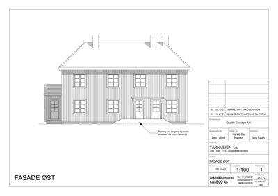 Fasadetegning av en bygning sett fra øst, med detaljer om vinduer, dører og tak.