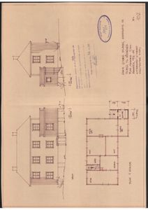 Bildet viser en tegning med etasjeplan (Plan 1. etasje) og fasadetegninger for en bygning.