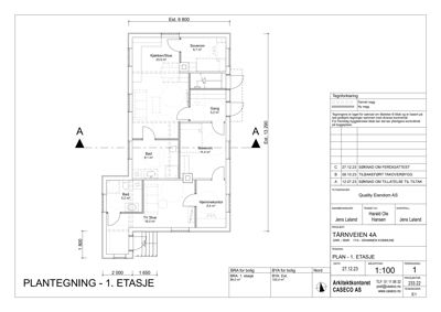 Etasjeplan (1. etasje) med romfordeling, mål og arealoppsett for en bolig.