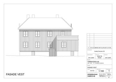 Fasadetegning av bygning sett fra vest