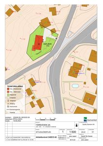 Situasjonsplan som viser eiendomsgrenser, bygninger, vegnett og topografi for Tårnveien 4A.