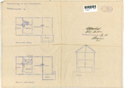 Bildet viser en tegning med etasjeplaner (1. og 2. etasje) og et snitt av en bygning.