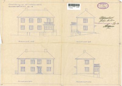 Fasadetegninger av et hus sett fra fire sider (vest, syd, øst, nord).