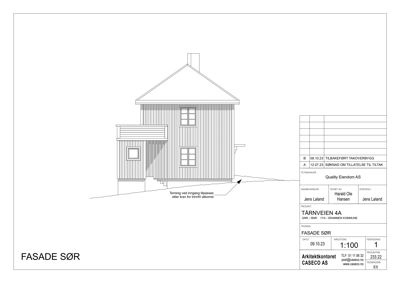 Fasadetegning av en bygning sett fra sør, med detaljer om vinduer, tak og terreng.