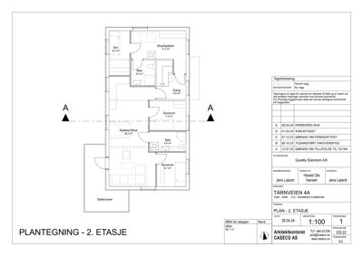 Etasjeplan (2. etasje) som viser romfordeling, veggforhold og areal for en bolig.