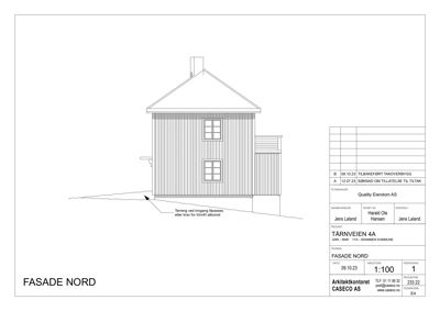 Fasadetegning av bygning sett fra nord, med detaljer om tak og vinduer.