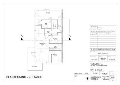 Etasjeplan (2. etasje) som viser romfordeling, veggposisjon og areal for et hus.