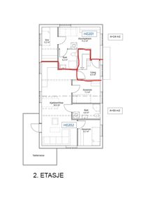 Etasjeplan for 2. etasje med romfordeling, areal og inngangspunkter for leilighetene H0201 og H0202.