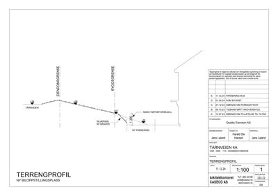 Terrengprofil (snittegning) som viser høydeforskjeller, eiendomsgrense og byggegrense.