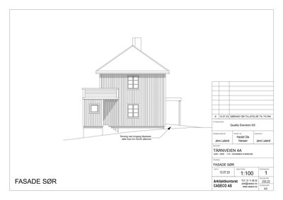 Fasadetegning av en bygning sett fra sør, med detaljer om vinduer, tak og terreng.