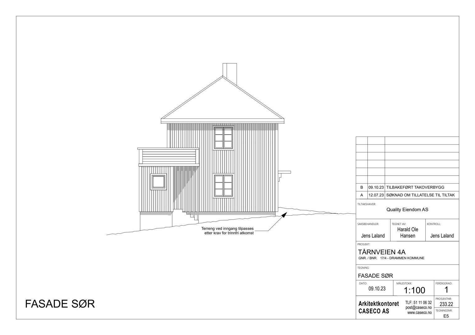 Fasadetegning av en bygning sett fra sør, med detaljer om vinduer, tak og terreng.