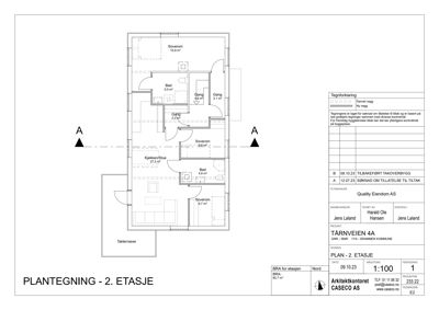 Etasjeplan (2. etasje) som viser romfordeling, veggposisjon og areal for et hus.