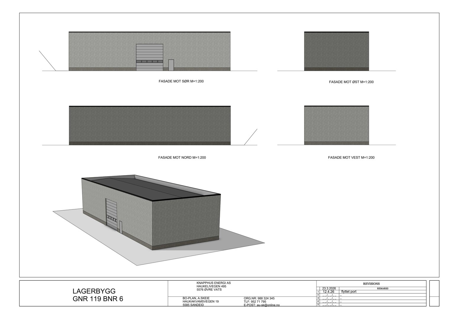 Fasadetegning som viser bygningens utsyn mot de fire hovedretningene (N, S, E, V) samt en 3D-visualisering av fasaden.