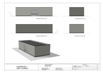 Fasadetegning som viser bygningens utsyn mot de fire hovedretningene (N, S, E, V) samt en 3D-visualisering av fasaden.