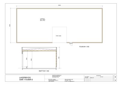 Etasjeplan (lagerhall) med snitt for en bygning.