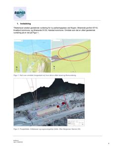 Et dokument med innledningstekst og to kartfigurer (Figur 1 og Figur 2) som viser et geografisk område med overlagte data for skred- og flomvurdering.