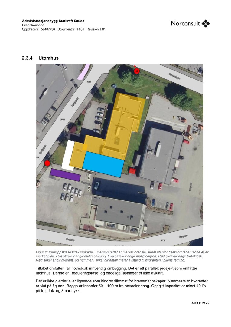Fotografi av eksisterende bygninger og parkeringsplasser med overlagte farger som viser tiltaksområde (oransje) og soner (blått, lilla).