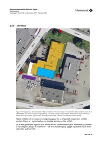 Fotografi av eksisterende bygninger og parkeringsplasser med overlagte farger som viser tiltaksområde (oransje) og soner (blått, lilla).