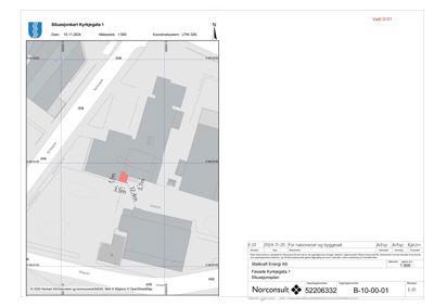 Situasjonsplan som viser bygningens plassering i forhold til nabolaget, veier og eiendomsgrenser.