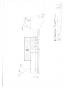 Fasadetegning som viser bygningens utseende sett fra siden, inkludert vinduer, takform og omgivelsene.