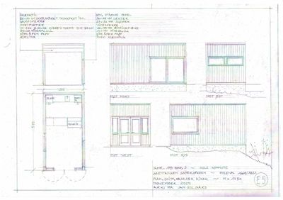 Fasadetegning som viser bygningens utseende fra fire sider (N, S, V, Ø) med detaljer om vinduer, dører og materialer.