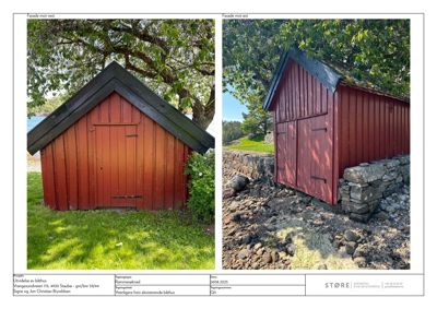 Fotografier av en eksisterende rød båthusfasade mot vest og øst.