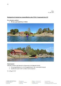 Fotografier av et båthus ved sjøen med markører som peker på bygningen og en brygge.