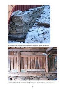 Fotografier av en bygningskonstruksjon (tørsteinsmur og vegg) med tilhørende beskrivende tekst.