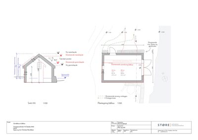 Bildet viser en tegning med både et snitt (Snitt AA) og en plan (Plantegning båthus) som illustrerer romfordeling, høyder og bygningsplassering.