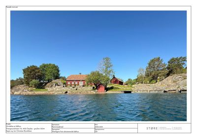 Fotografi av eksisterende båthus ved vannet, inkludert omgivelsene og terreng.