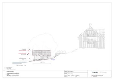 Fasadetegning som viser bygningens utseende sett fra nord, inkludert detaljer om vinduer, tak og terrengforhold.