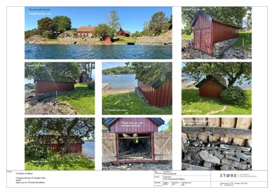 Et samling av 8 fotografier som viser eksisterende forhold, fasader og detaljer på en bygning ved Vrangensundveien 115.
