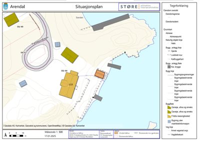 Situasjonsplan som viser eiendomsgranser, eksisterende og planlagt bebyggelse, vegnett og topografi for et område i Arendal.