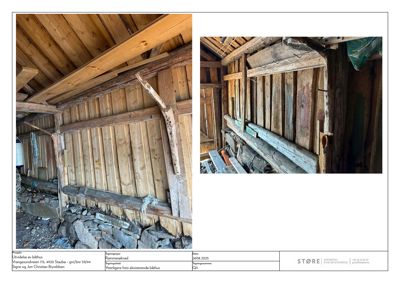 Fotografier av eksisterende trekonstruksjon i en båthus (rammesaknad).