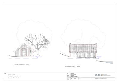 Fasadetegning som viser bygningens utseende fra vest og sør-vest, inkludert takform, vinduer og terrengforhold.