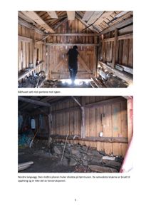 Fotografier av et gammelt båthus med tekstbeskrivelser under hver bilde.