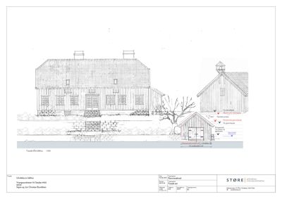Fasadetegning av en bygning (kalt 'Uthøstehus') med detaljer om vinduer, tak, veggmateriale og terrengforhold.