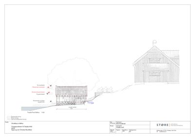 Fasadetegning som viser bygningens utseende sett fra nord, inkludert detaljer om vinduer, tak og terrengforhold.
