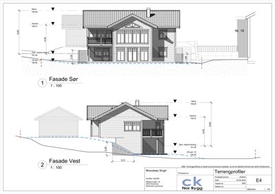 Fasade tegning som viser bygningens utseende sett fra sør og vest, inkludert høydeangivelser og terrengprofil.