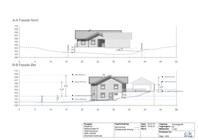 Fasadetegning med oppriss av bygning sett fra nord og øst, inkludert terrengprofil og høydemålinger.