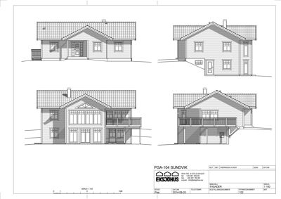 Fasadetegning som viser fire utsikter av en bolig (front, side, bak, og en annen side), inkludert tak, vinduer og balkonger.