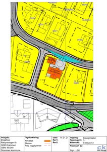 Situasjonsplan som viser tomt, naboeiendommer, veier og bygningers plassering i forhold til hverandre.