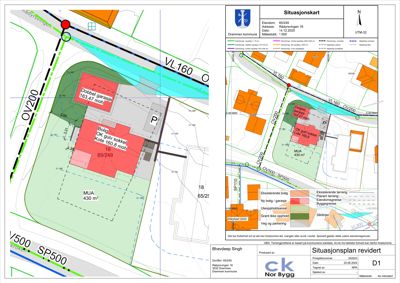 Situasjonsplan som viser eiendomsgranser, eksisterende og planlagt bebyggelse, vegnett og terrengforhold.