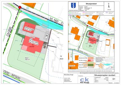 Situasjonsplan som viser eiendomsgrenser, bygninger, vegnett og terrengforhold for eiendommen 65/249 i Drammen kommune.