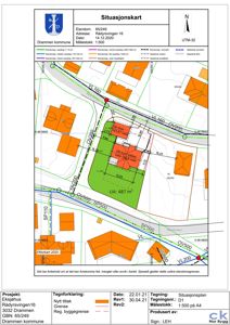 Situasjonsplan som viser eiendomsgrenser, naboeiendommer, veier og topografi for et byggeprosjekt.