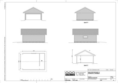 Bildet viser en tegning med både etasjeplan (nederst til venstre) og snittegninger av en garasje.